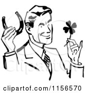 Clipart Of A Black And White Retro Good Luck Man With A Horseshoe And Four Leaf Clover Royalty Free Vector Clipart by BestVector