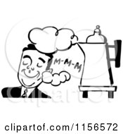 Clipart Of A Black And White Retro Man Listening To A Coffee Percolator Royalty Free Vector Clipart