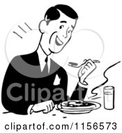 Clipart Of A Black And White Retro Man Eating A Meal Royalty Free Vector Clipart