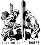 Clipart Of A Black And White Retro Construction Workers Royalty Free Vector Clipart