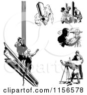 Clipart Of Black And White Retro Engineers Surveyors And Construction Workers Royalty Free Vector Clipart