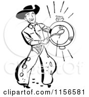 Clipart Of A Black And White Retro Western Cowboy Banging A Metal Dish Royalty Free Vector Clipart