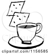Clipart Of A Black And White Retro Cup Of Coffee Or Soup And Crackers Royalty Free Vector Clipart