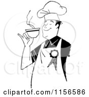 Clipart Of A Black And White Retro Male Chef Smelling Coffee Royalty Free Vector Clipart