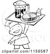 Clipart Of A Black And White Retro Chef Serving Beer And A Sandwich Royalty Free Vector Clipart