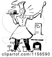 Clipart Of A Black And White Retro Male Chef Holding A Hot Meal Royalty Free Vector Clipart