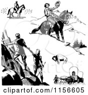 Poster, Art Print Of Black And White Retro Pioneers Hikers And Horseback Riders