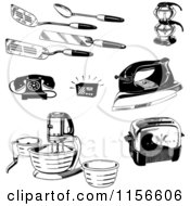 Poster, Art Print Of Black And White Retro Kitchen Utensils Appliances And Household Items