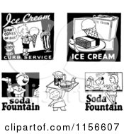 Clipart Of Black And White Retro Ice Cream And Soda Fountain Signs Royalty Free Vector Clipart