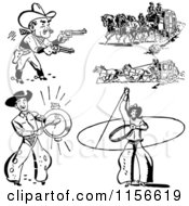 Clipart Of Black And White Retro Western Cowboys And Stage Coaches Royalty Free Vector Clipart