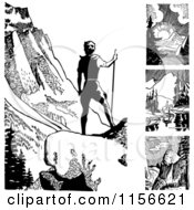 Clipart Of Black And White Retro Outdoorsmen And Mountains Royalty Free Vector Clipart