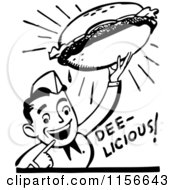 Clipart Of A Black And White Retro Man Holding A Delicious Hamburger Royalty Free Vector Clipart
