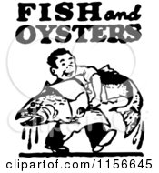 Black And White Retro Man Carrying A Large Fish With Fish And Oysters Text