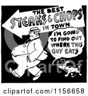 Black And White Retro Man And Dog Following Food Service Signs