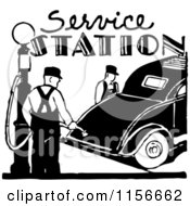 Clipart Of A Black And White Retro Service Station With A Gas Pump And Car Royalty Free Vector Clipart
