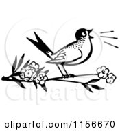 Poster, Art Print Of Black And White Retro Bird Singing On A Branch