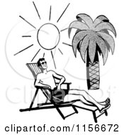 Black And White Retro Man Sun Bathing On A Tropical Beach