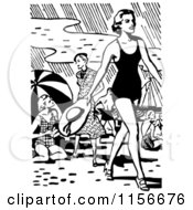 Poster, Art Print Of Black And White Retro Woman Walking On A Beach