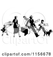 Black And White Retro Traveling Family With Luggage