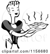 Clipart Of A Black And White Retro Housewife Carrying A Fresh Pie Royalty Free Vector Clipart