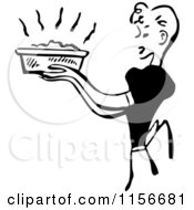 Clipart Of A Black And White Retro Housewife Carrying A Fresh Casserole Royalty Free Vector Clipart