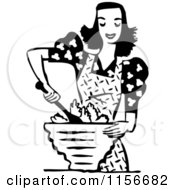 Clipart Of A Black And White Retro Woman Mixing A Salad Royalty Free Vector Clipart by BestVector