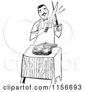 Poster, Art Print Of Black And White Retro Male Chef Cutting Meat