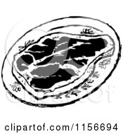 Clipart Of A Black And White Retro Steak On A Plate Royalty Free Vector Clipart