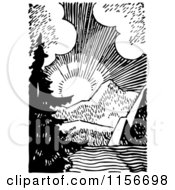 Clipart Of A Black And White Retro Sunrise Over Mountains Royalty Free Vector Clipart
