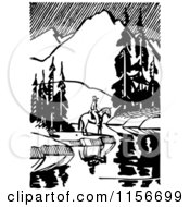 Poster, Art Print Of Black And White Retro Horseback Man By A Still Mountainous Stream
