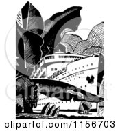 Clipart Of A Black And White Retro Ship And Tropical Plants Royalty Free Vector Clipart