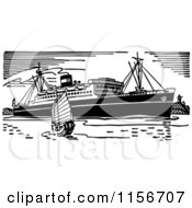Clipart Of A Black And White Retro Boat And Ship Royalty Free Vector Clipart