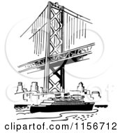Clipart Of A Black And White Retro Ship Under A Bridge Royalty Free Vector Clipart