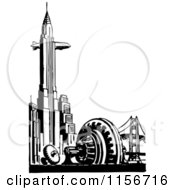Clipart Of A Black And White Retro Blimp And Chrysler Building In New York City Royalty Free Vector Clipart