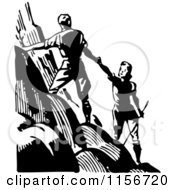 Poster, Art Print Of Black And White Retro Couple Hiking Up A Mountain
