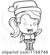 Cartoon Clipart Of A Black And White Female Toddler Christmas Helper Waving Vector Outlined Coloring Page