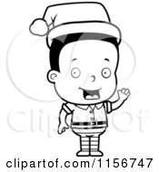 Cartoon Clipart Of A Black And White Christmas Elf Boy Waving Vector Outlined Coloring Page