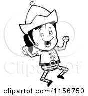 Cartoon Clipart Of A Black And White Christmas Elf Girl Jumping Vector Outlined Coloring Page