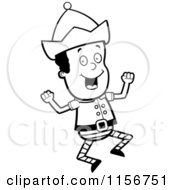 Cartoon Clipart Of A Black And White Happy Elf Jumping Vector Outlined Coloring Page