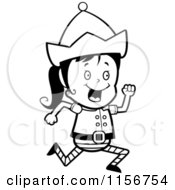 Cartoon Clipart Of A Black And White Christmas Elf Girl Running Vector Outlined Coloring Page