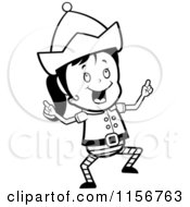 Cartoon Clipart Of A Black And White Christmas Elf Girl Doing A Happy Dance Vector Outlined Coloring Page