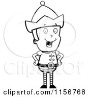 Cartoon Clipart Of A Black And White Happy Christmas Elf Boy Standing With His Hands On His Hips Vector Outlined Coloring Page