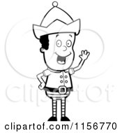 Cartoon Clipart Of A Black And White Male Christmas Elf Smiling And Waving Vector Outlined Coloring Page
