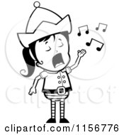 Cartoon Clipart Of A Black And White Female Christmas Elf Singing Vector Outlined Coloring Page