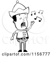 Cartoon Clipart Of A Black And White Little Singing Boy Elf Vector Outlined Coloring Page