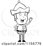 Cartoon Clipart Of A Black And White Christmas Elf Waving Vector Outlined Coloring Page