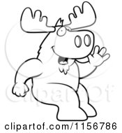 Cartoon Clipart Of A Black And White Friendly Sitting Moose Waving Vector Outlined Coloring Page