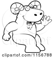Cartoon Clipart Of A Black And White Friendly Ram Sitting And Waving Vector Outlined Coloring Page
