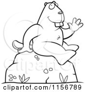 Cartoon Clipart Of A Black And White Friendly Beaver Sitting And Waving Vector Outlined Coloring Page