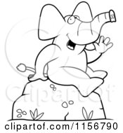 Cartoon Clipart Of A Black And White Friendly Sitting Elephant Waving Vector Outlined Coloring Page